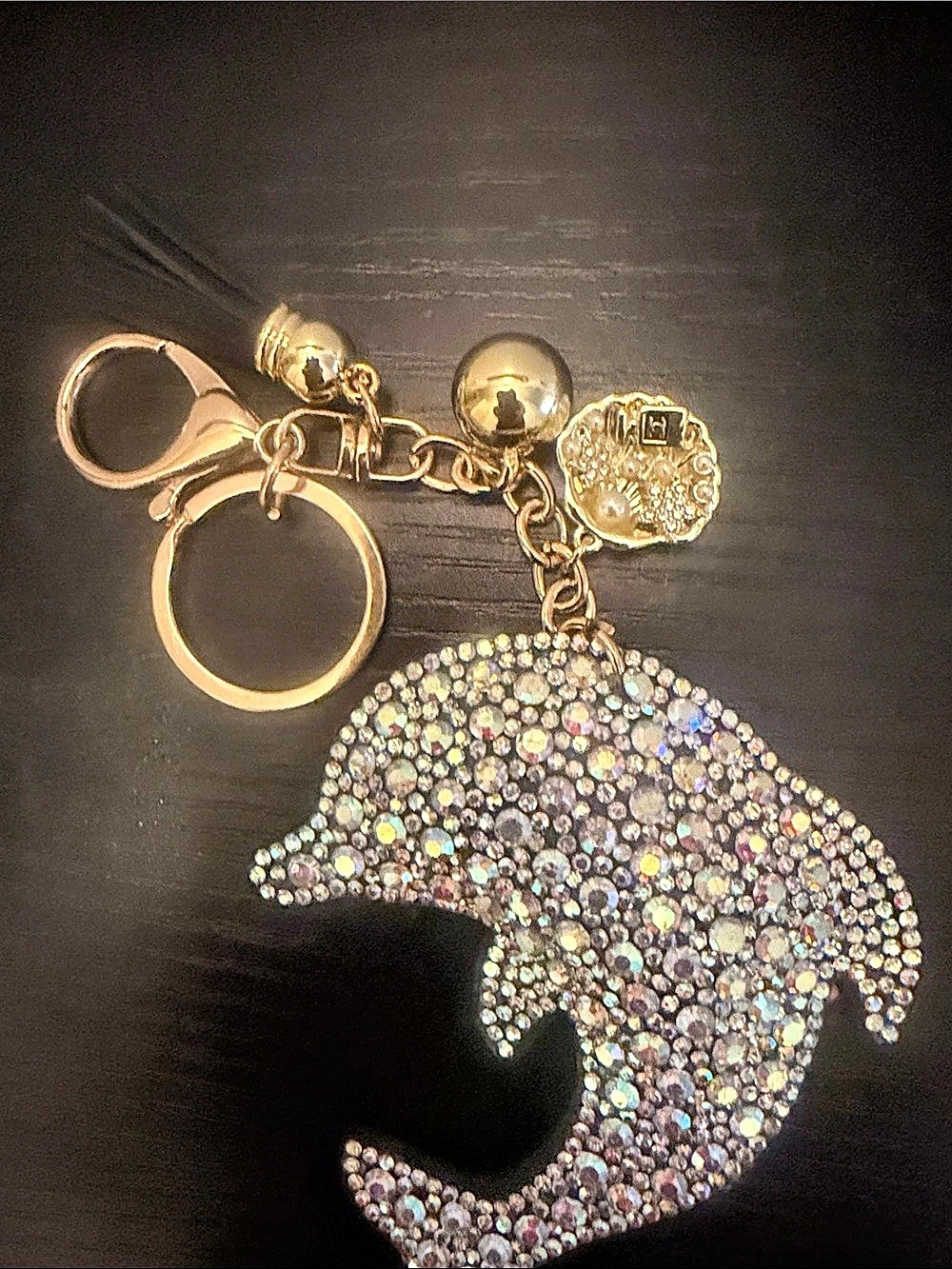 Inspired Dolphin & Shell Rhinestone Keychain in Gold